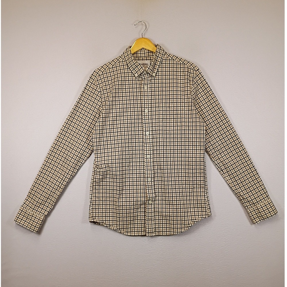 Dark Academia Goodfellow & Co Mens Medium Tan Black Plaid Poplin Slim Fit Shirt